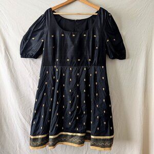 Black A-line dress made with sari material with lining (XL)